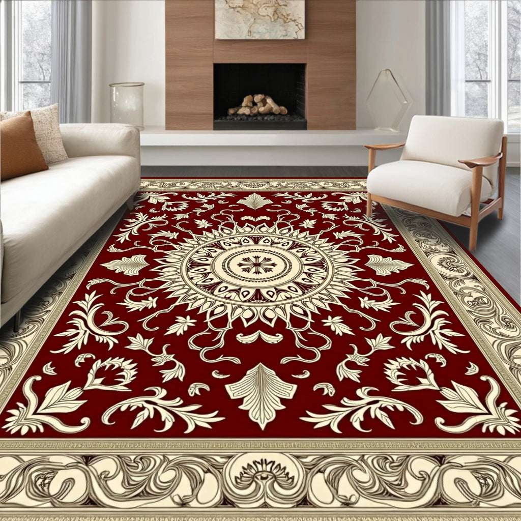 Deep Red Botanical Medallion Border Textile Rug