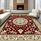 Deep Red Botanical Medallion Border Textile Rug