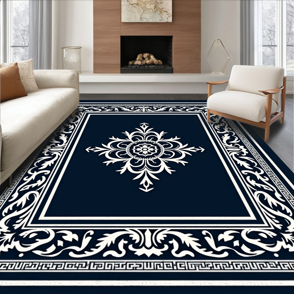 Classic Navy White Ornamental Medallion Rug