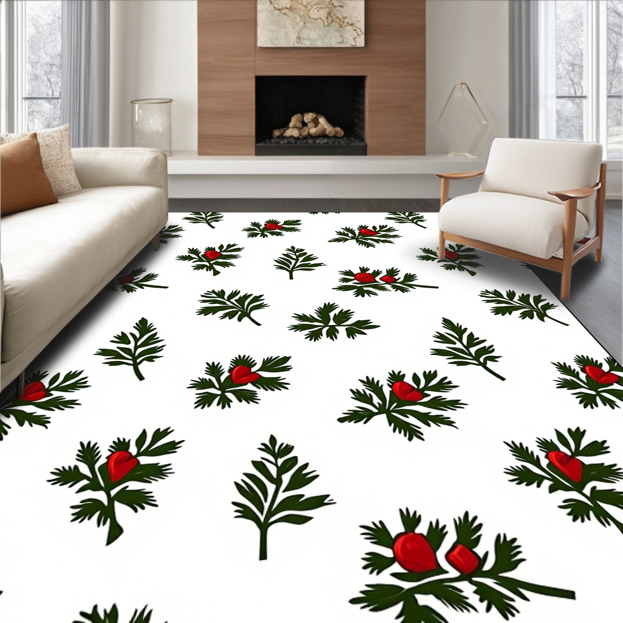 Verdant Green Red Berry Sprig Rug