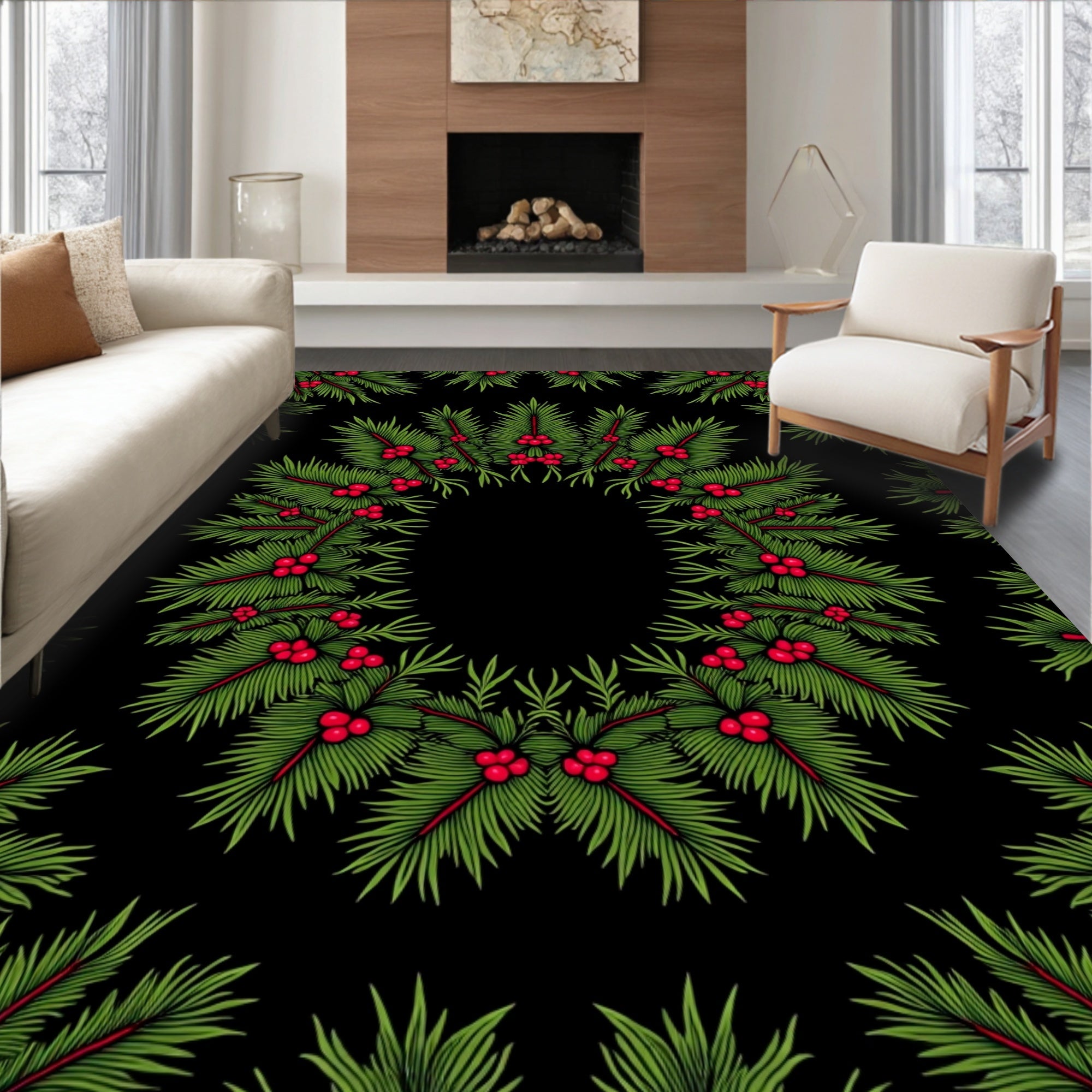 Vintage Green Holly Berry Wreath Rug