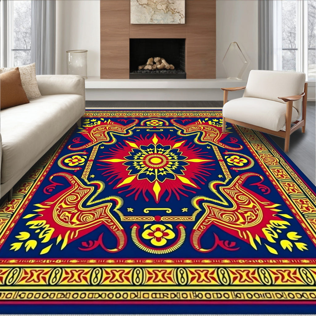 Bold Red Yellow Elephant Medallion Rug
