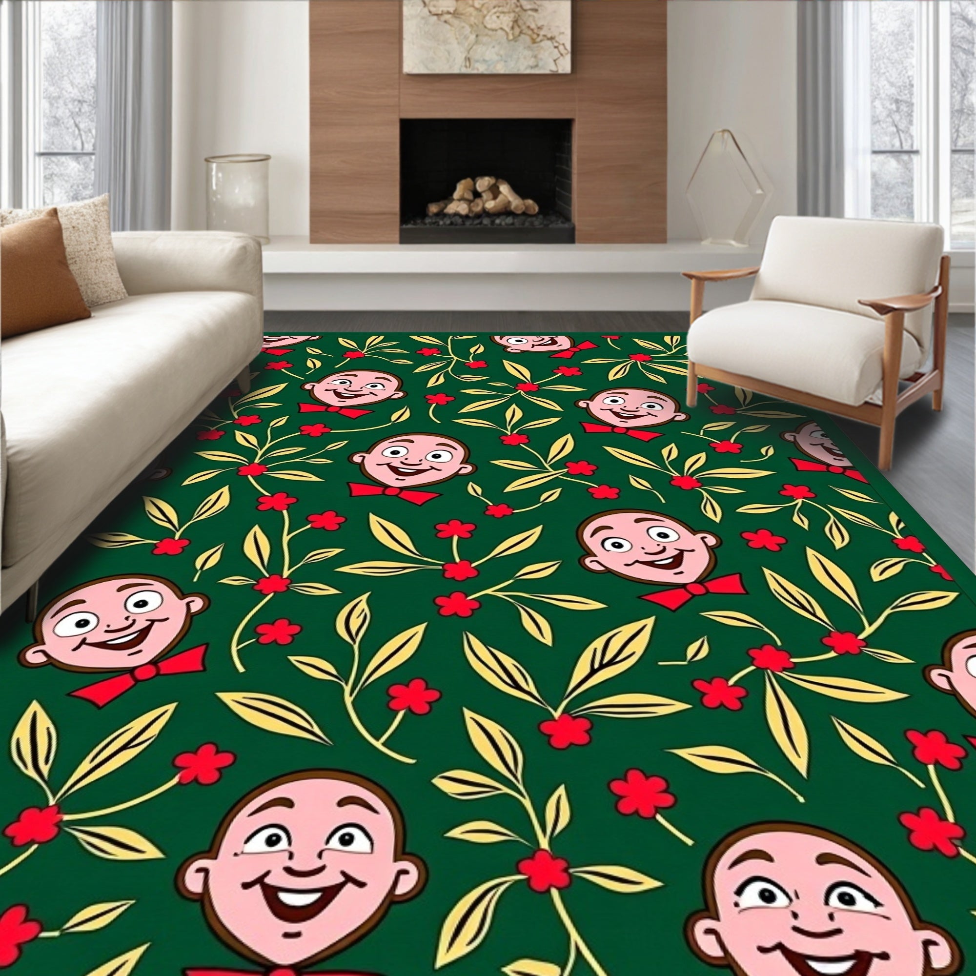 Whimsical Green Character Floral Rug