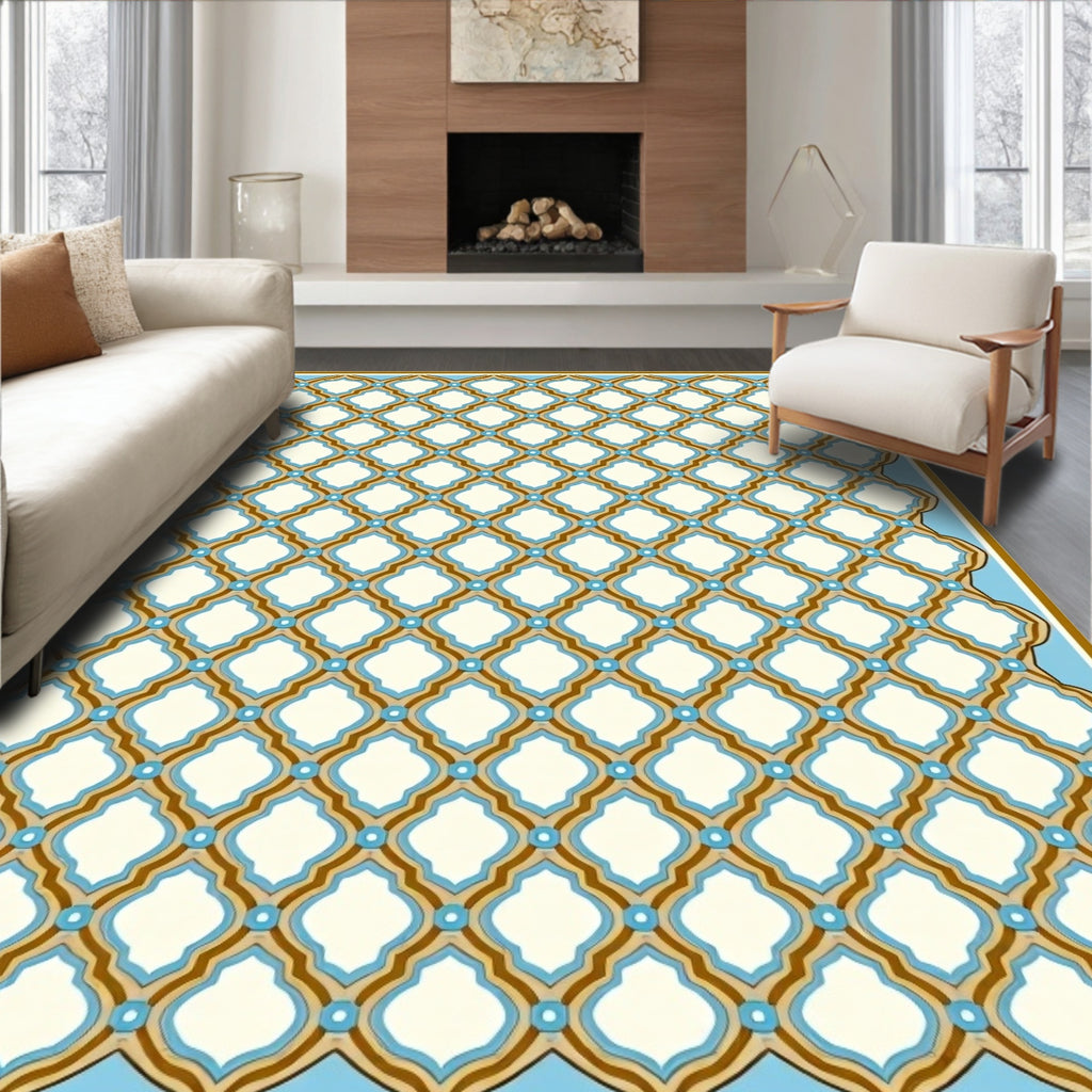Fretwork Quatrefoil Geometric Blue Cream Rug
