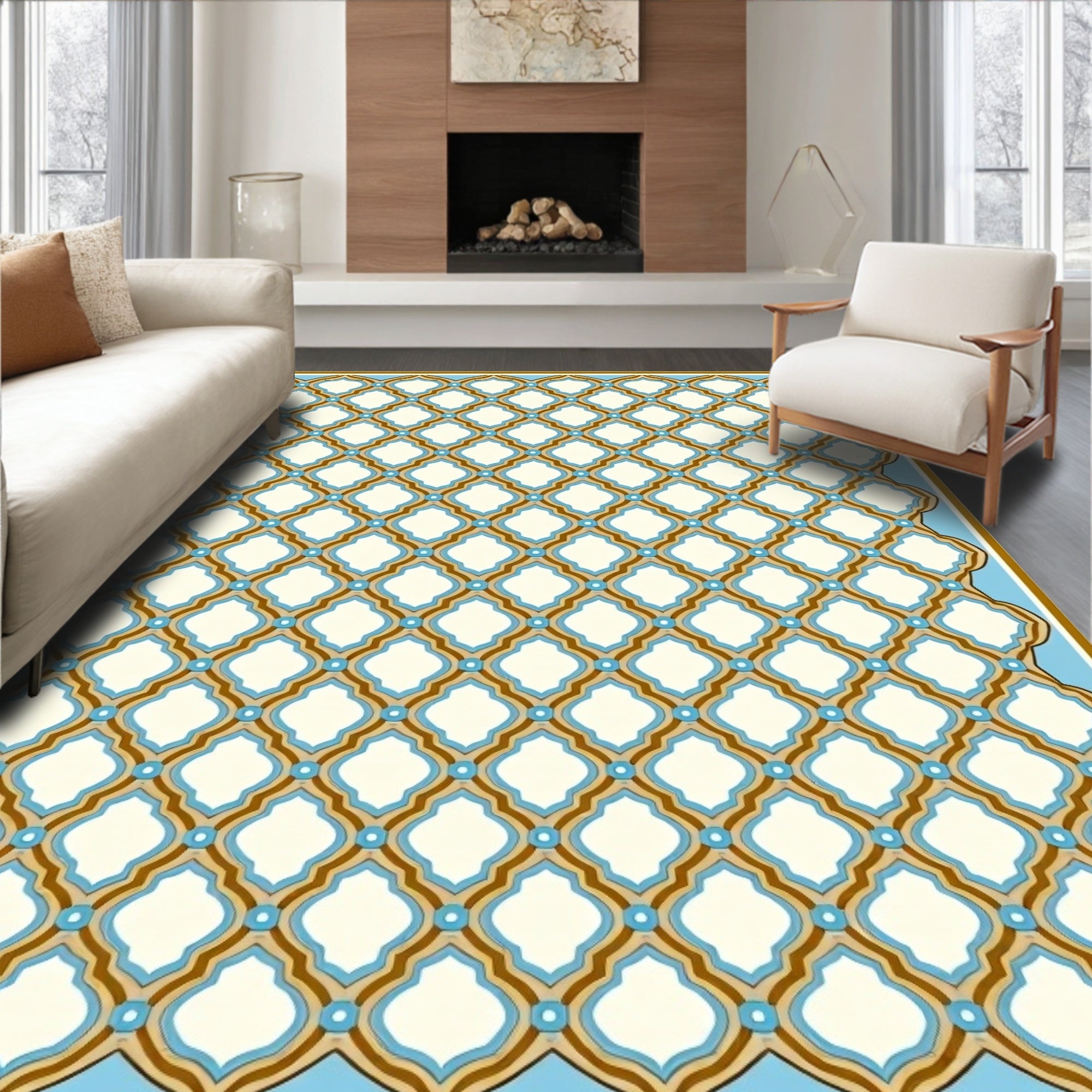 Fretwork Quatrefoil Geometric Blue Cream Rug