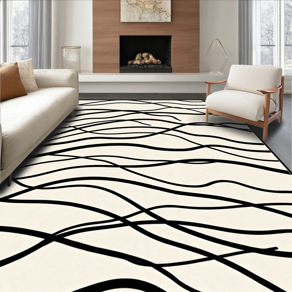 Cream Black Organic Flowing Lines Rug