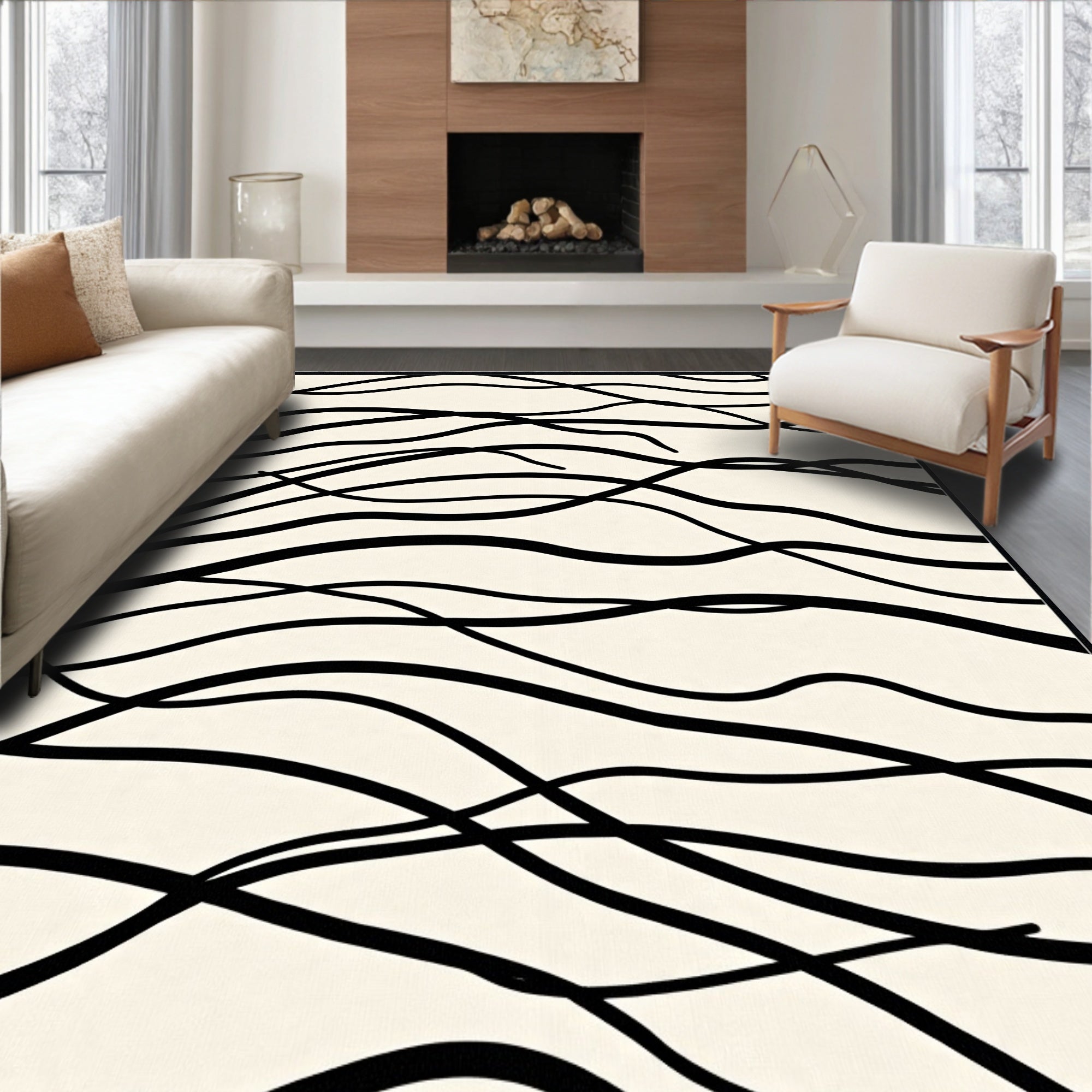 Cream Black Organic Flowing Lines Rug
