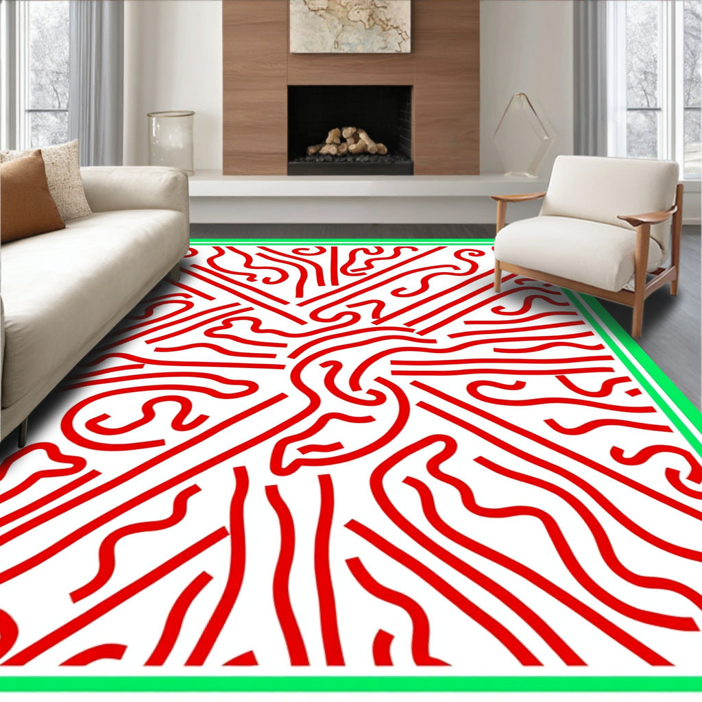 Vibrant Red Wavy Lines Modern Rug