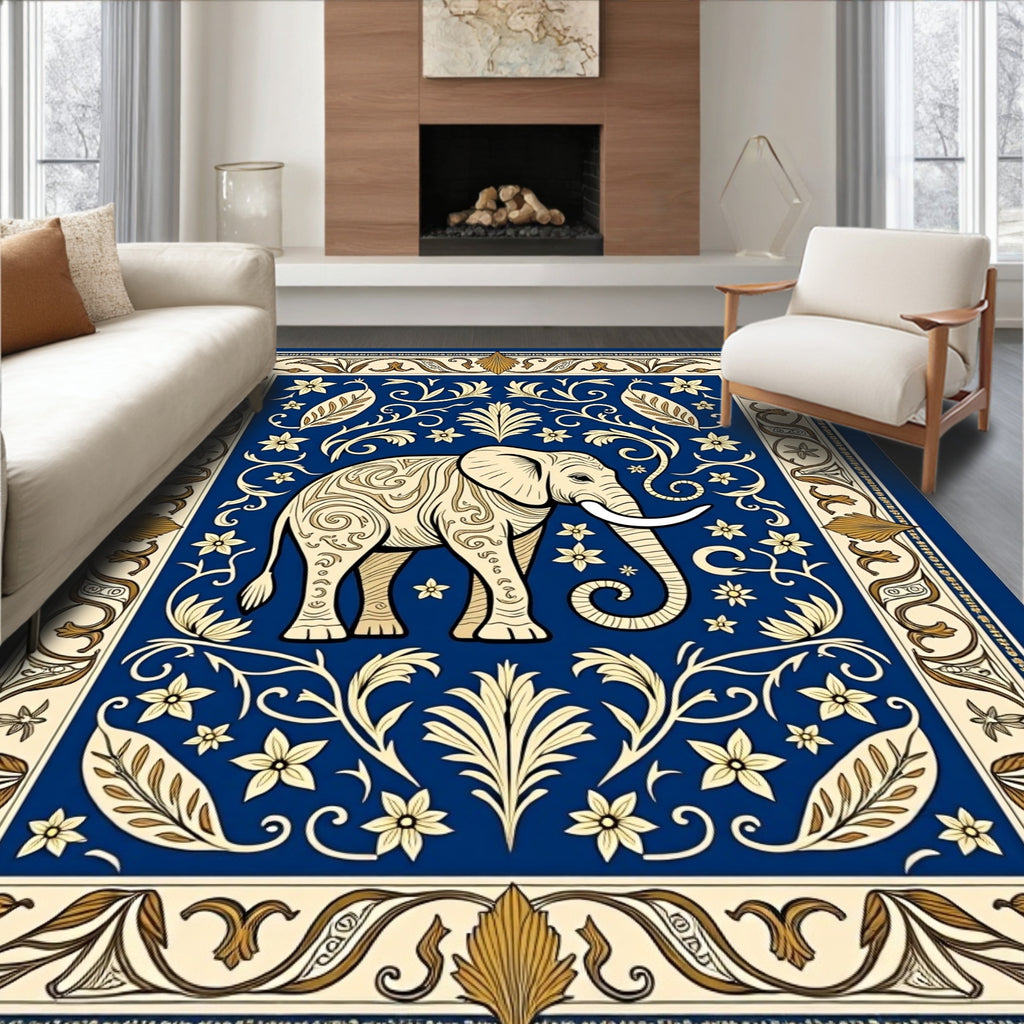 Majestic Elephant Blue Floral Scroll Rug