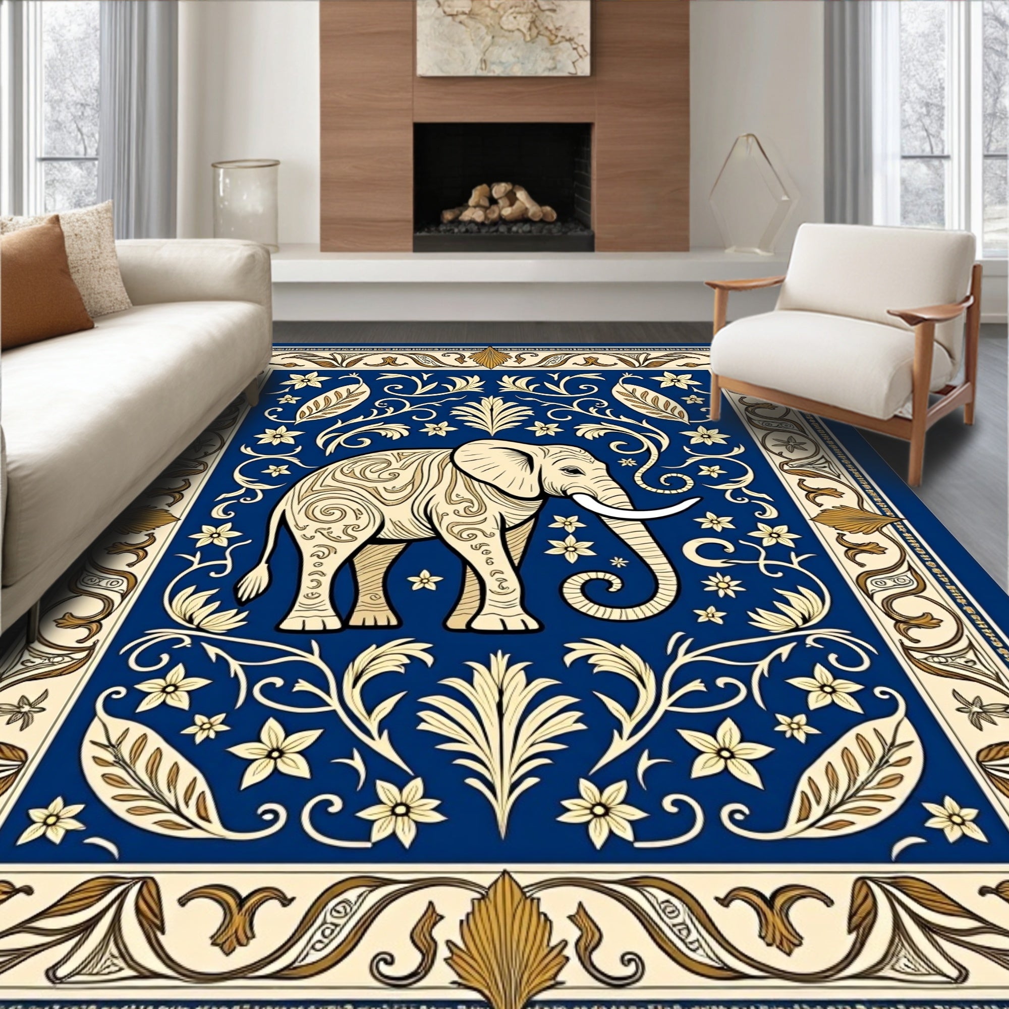 Majestic Elephant Blue Floral Scroll Rug