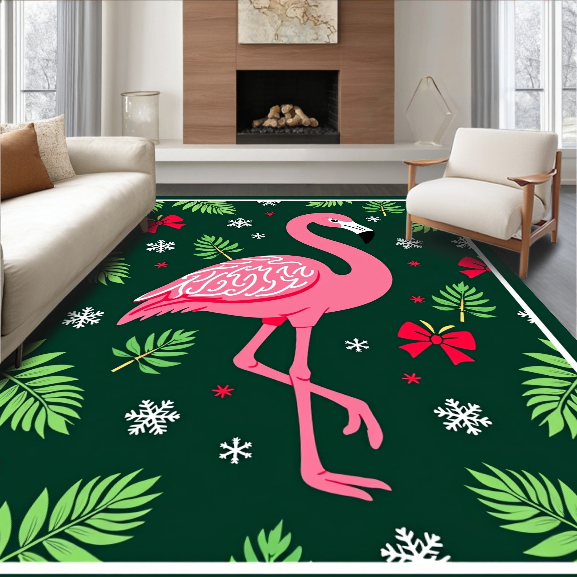 Pink Flamingo Tropical Snowflake Christmas Rug
