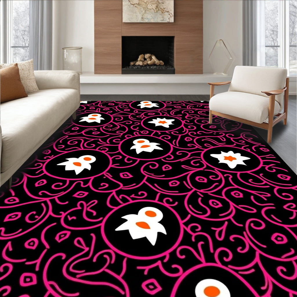 Black Pink Floral Medallion Abstract Rug
