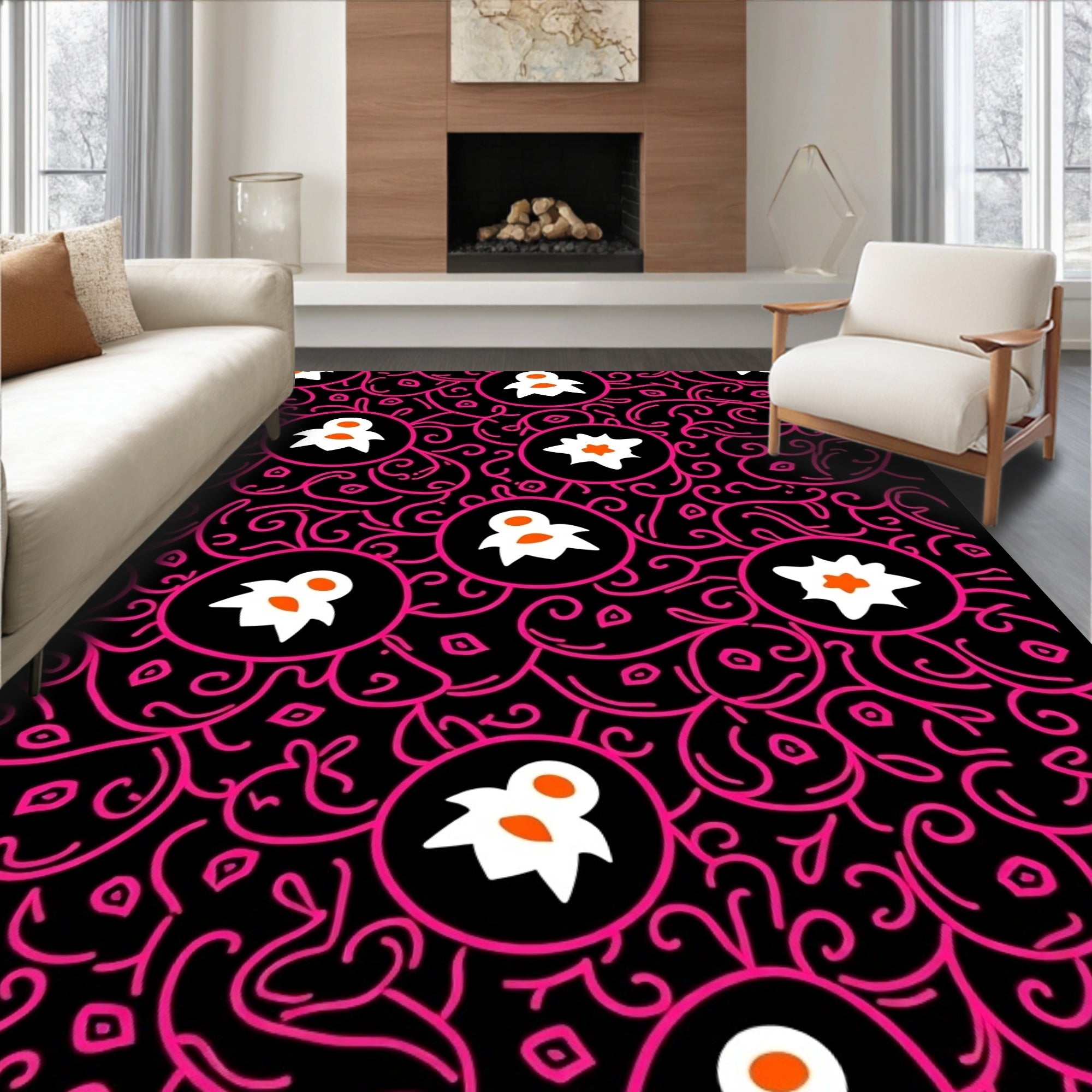 Black Pink Floral Medallion Abstract Rug