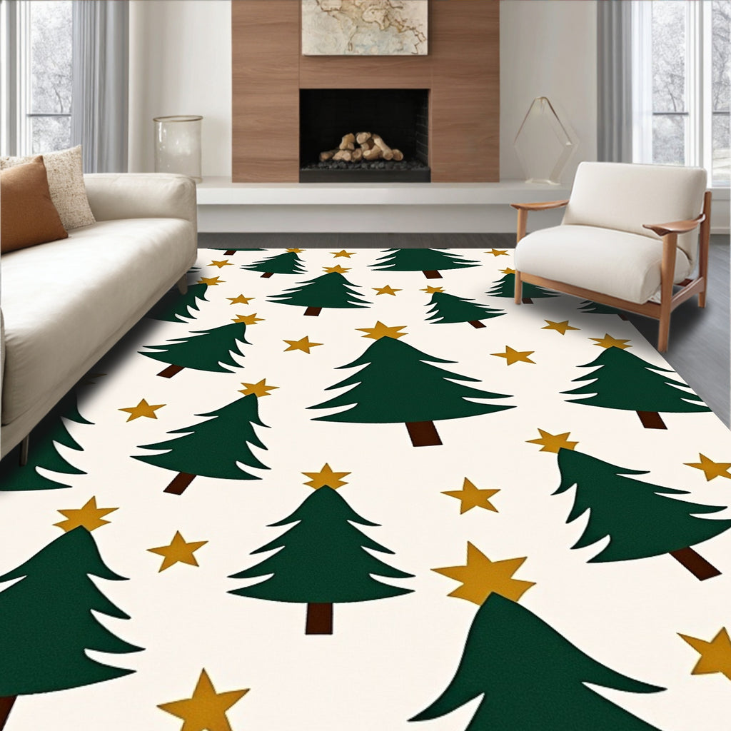 Green Christmas Trees Golden Stars Rug