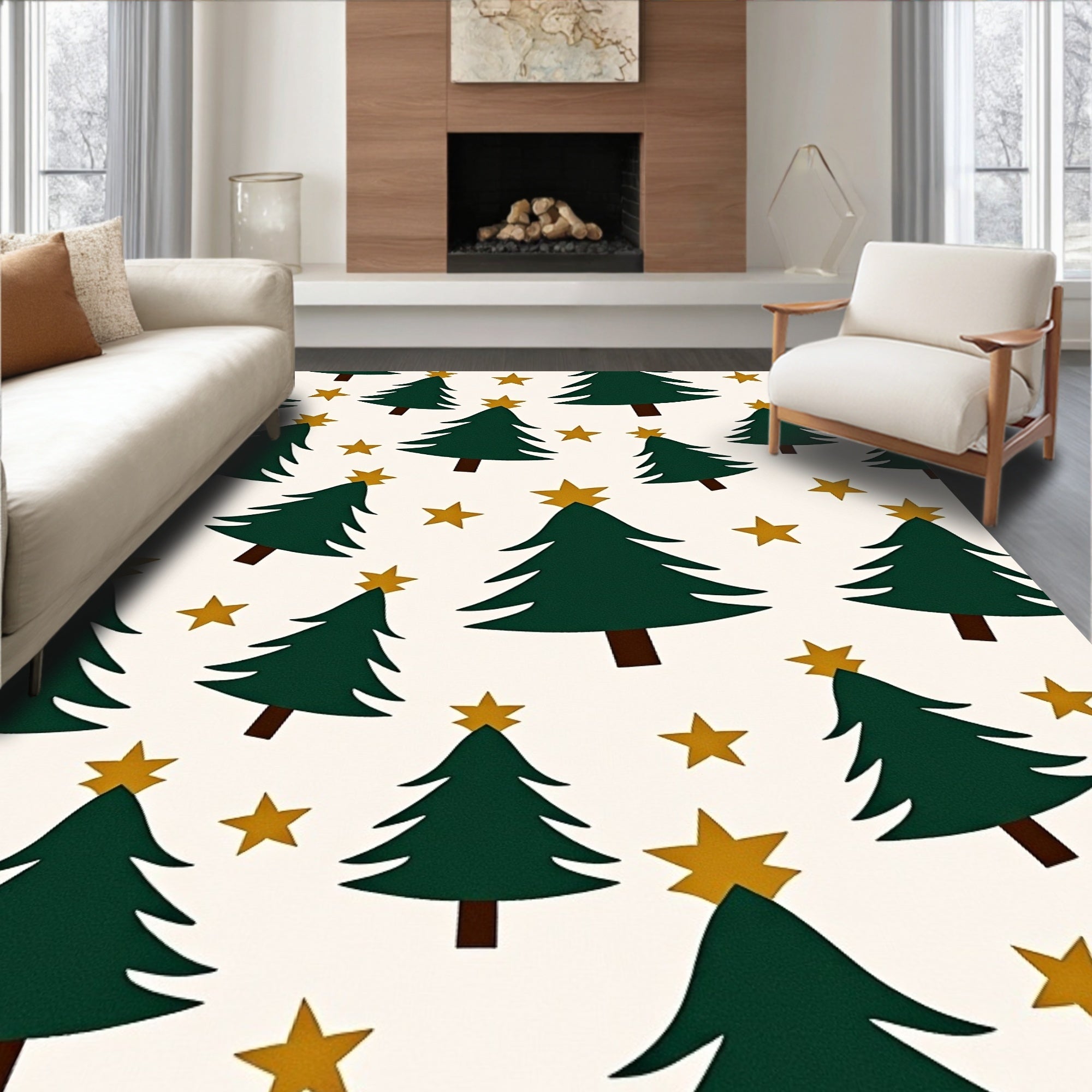 Green Christmas Trees Golden Stars Rug