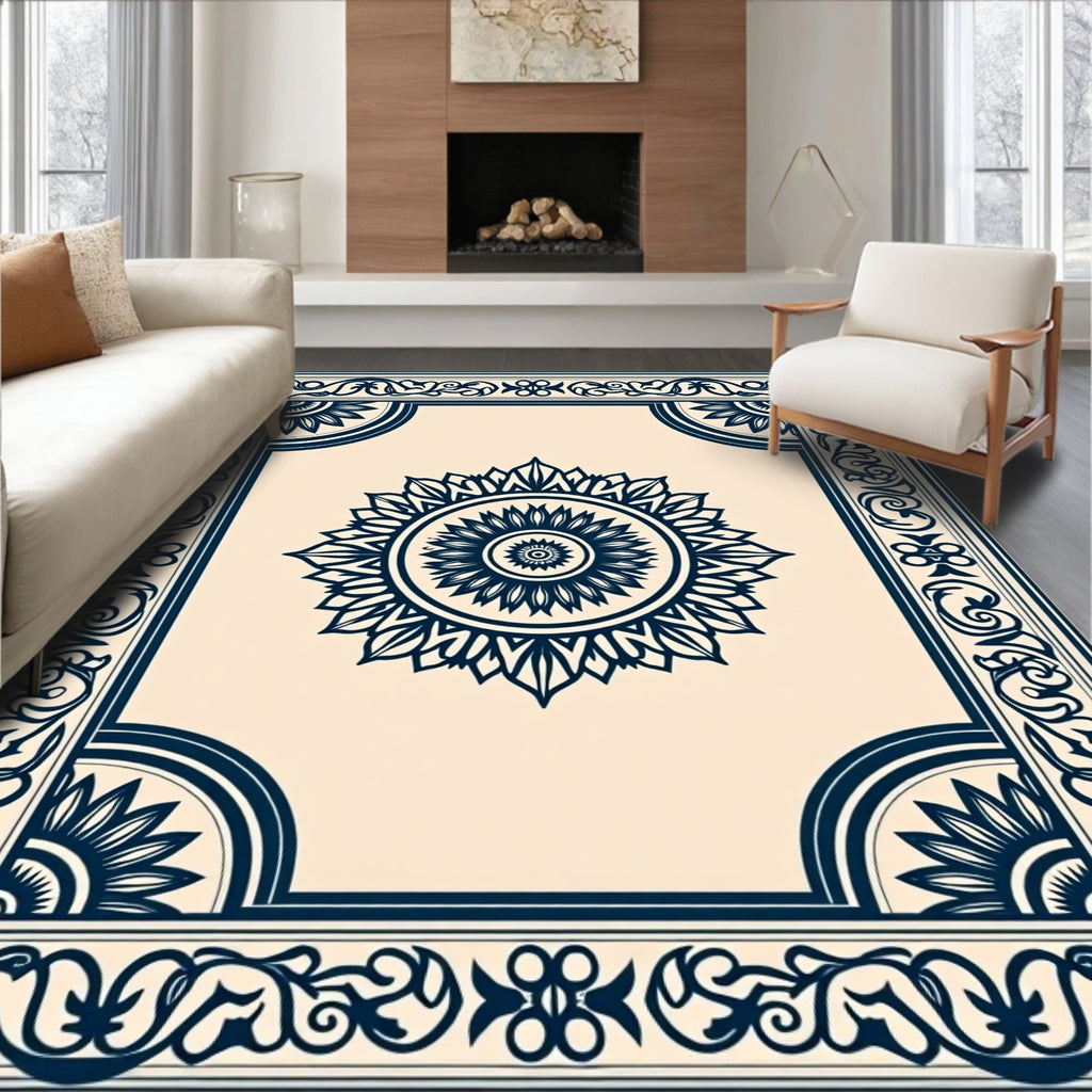 Dark Blue Sunburst Bordered Rug