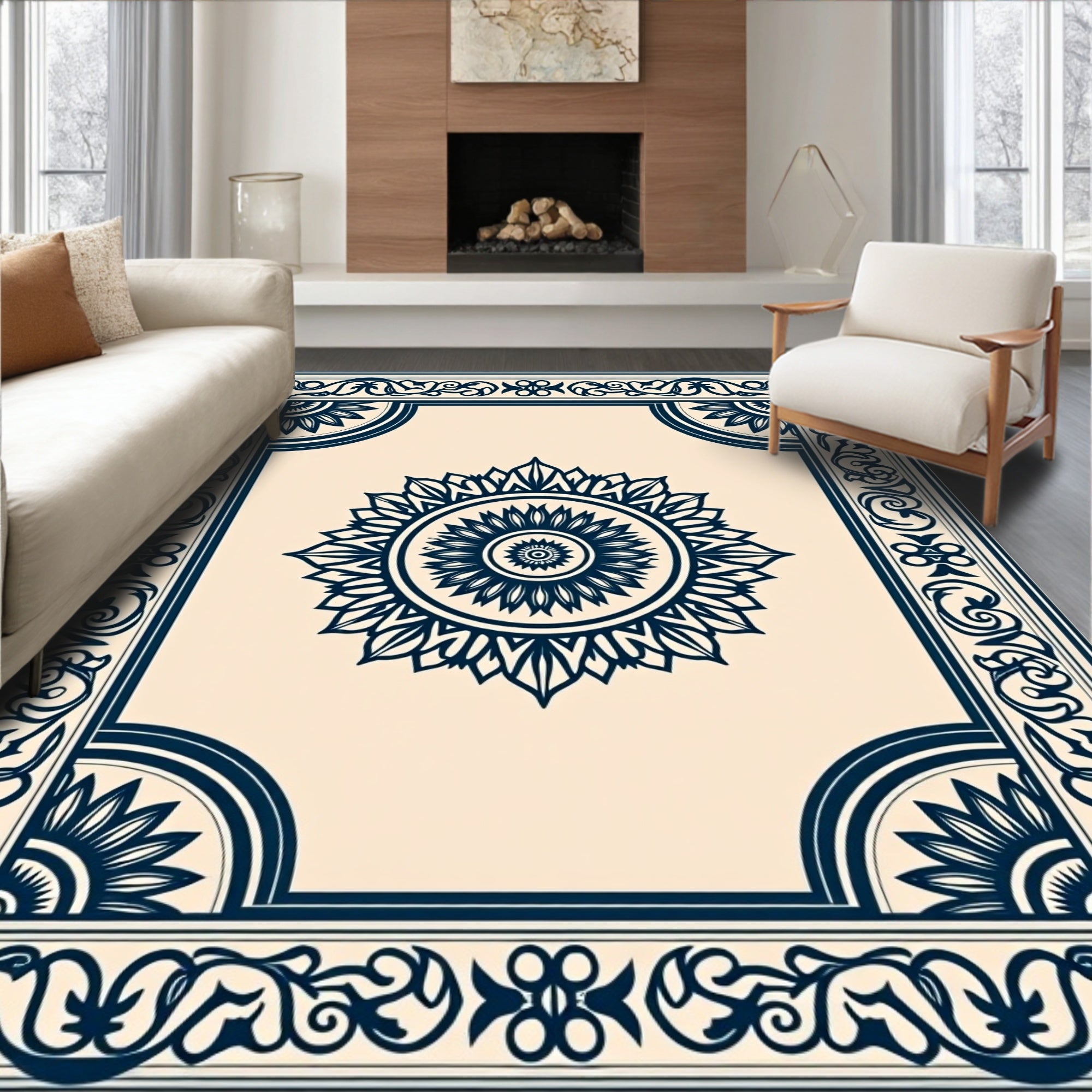 Dark Blue Sunburst Bordered Rug