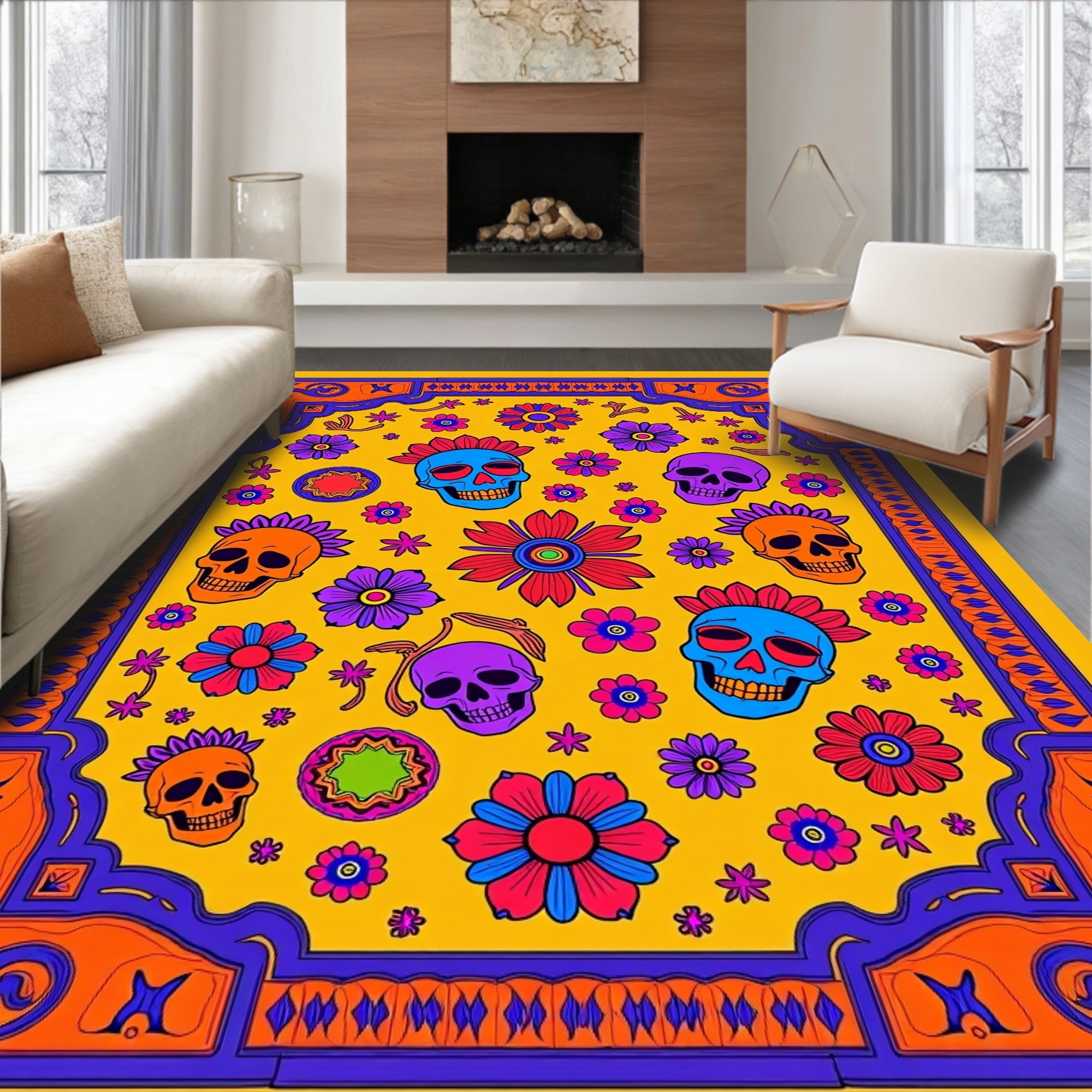 Vibrant Skulls Floral Border Art Rug