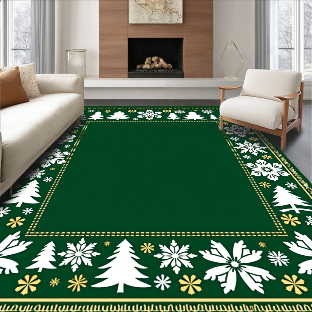 Green White Pine Snowflake Border Rug