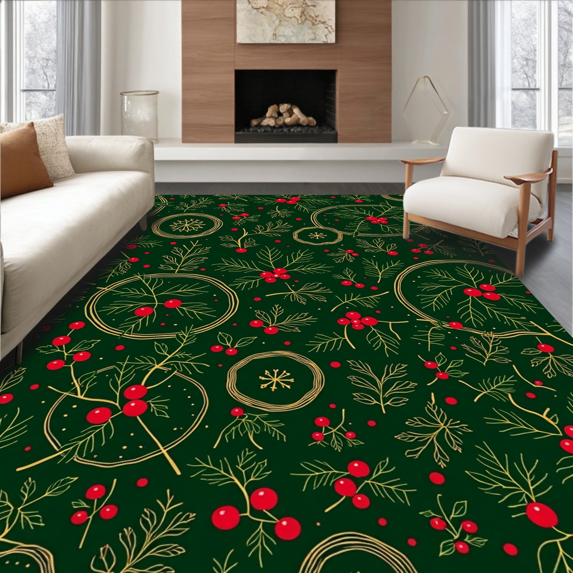 Golden Holly Berry Garland Decoration Rug