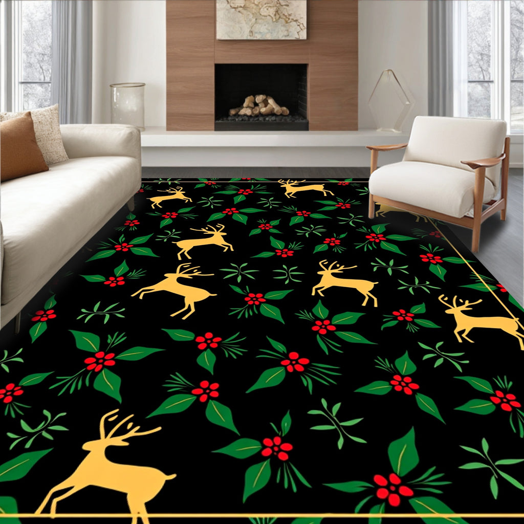 Golden Reindeer Holly Berry Garland Rug