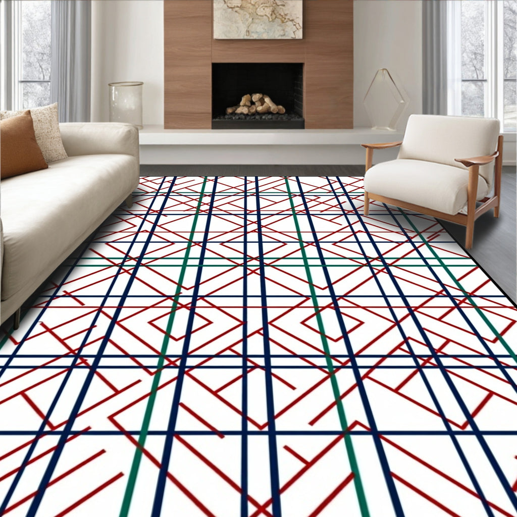 Crimson and Teal Geometric Grid Arrangement Rug