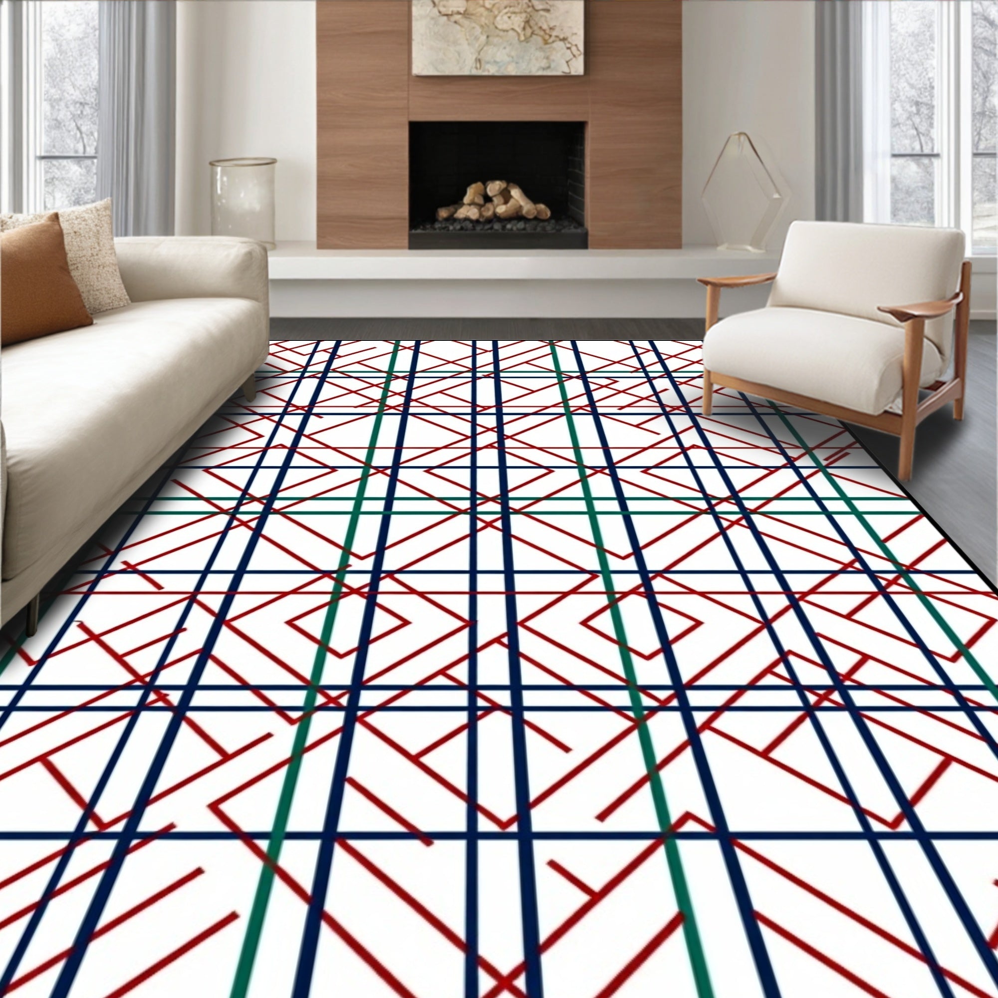 Crimson and Teal Geometric Grid Arrangement Rug