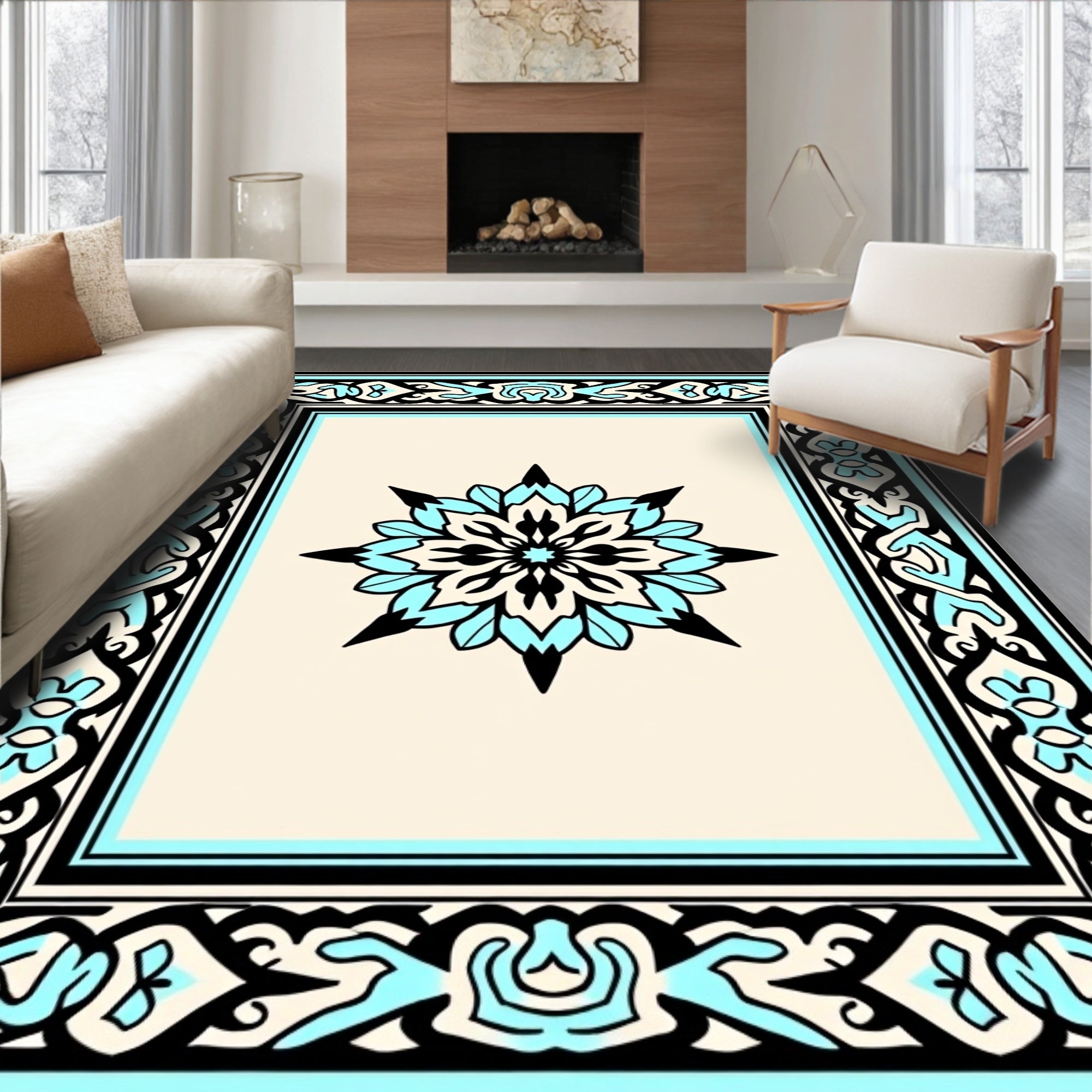 Light Beige Aqua Medallion Frame Rug