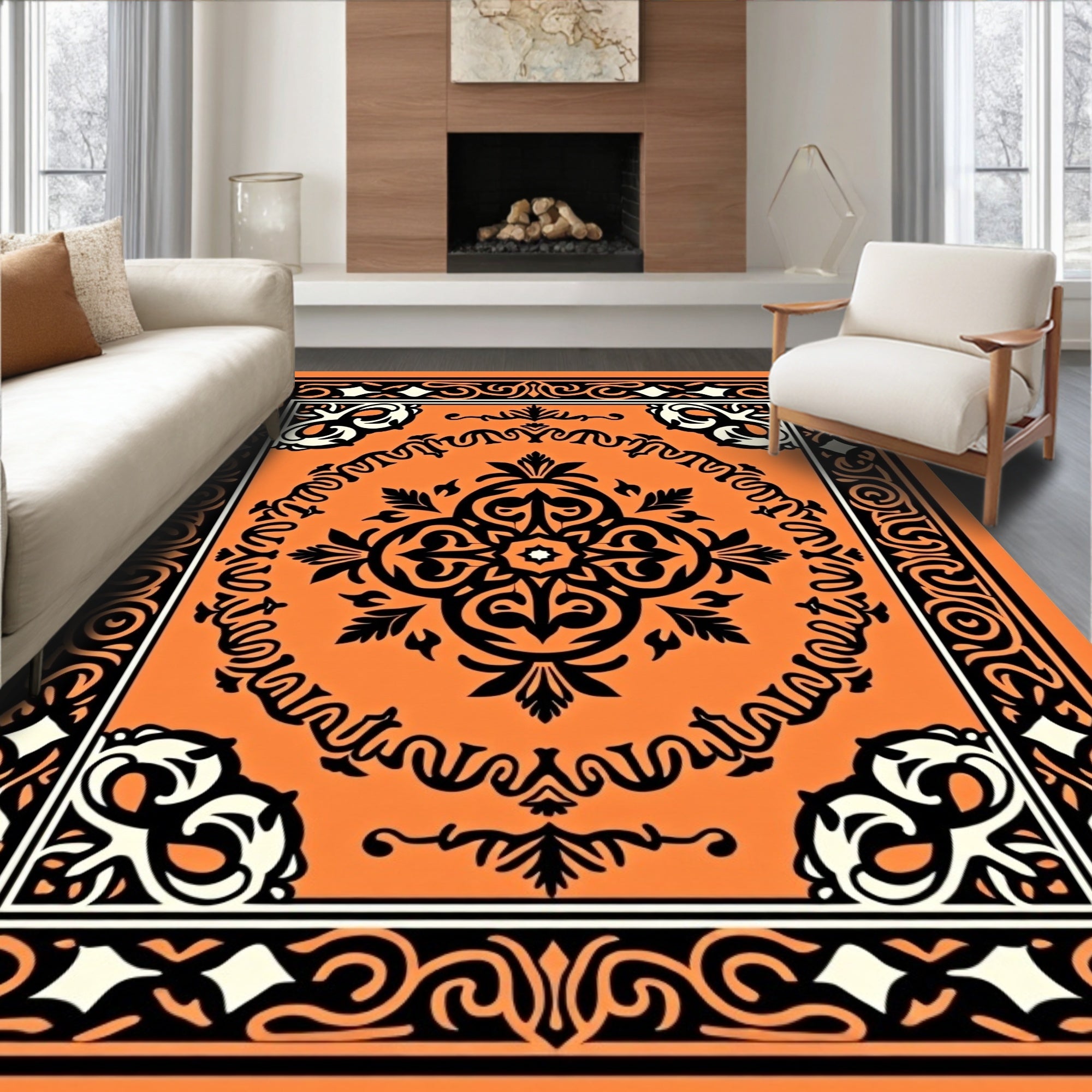 Orange Black White Quatrefoil Rug
