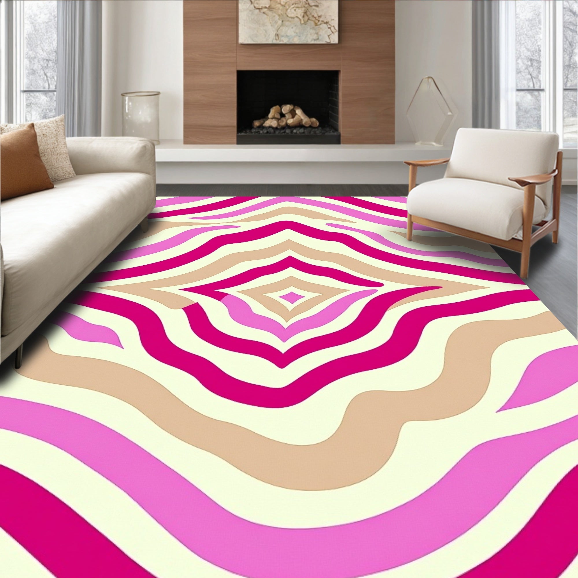 Retro Pink Beige Wavy Stripes Rug