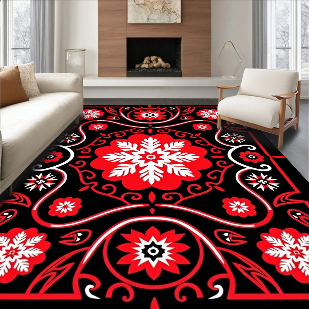 Crimson White Floral Symmetry Rug