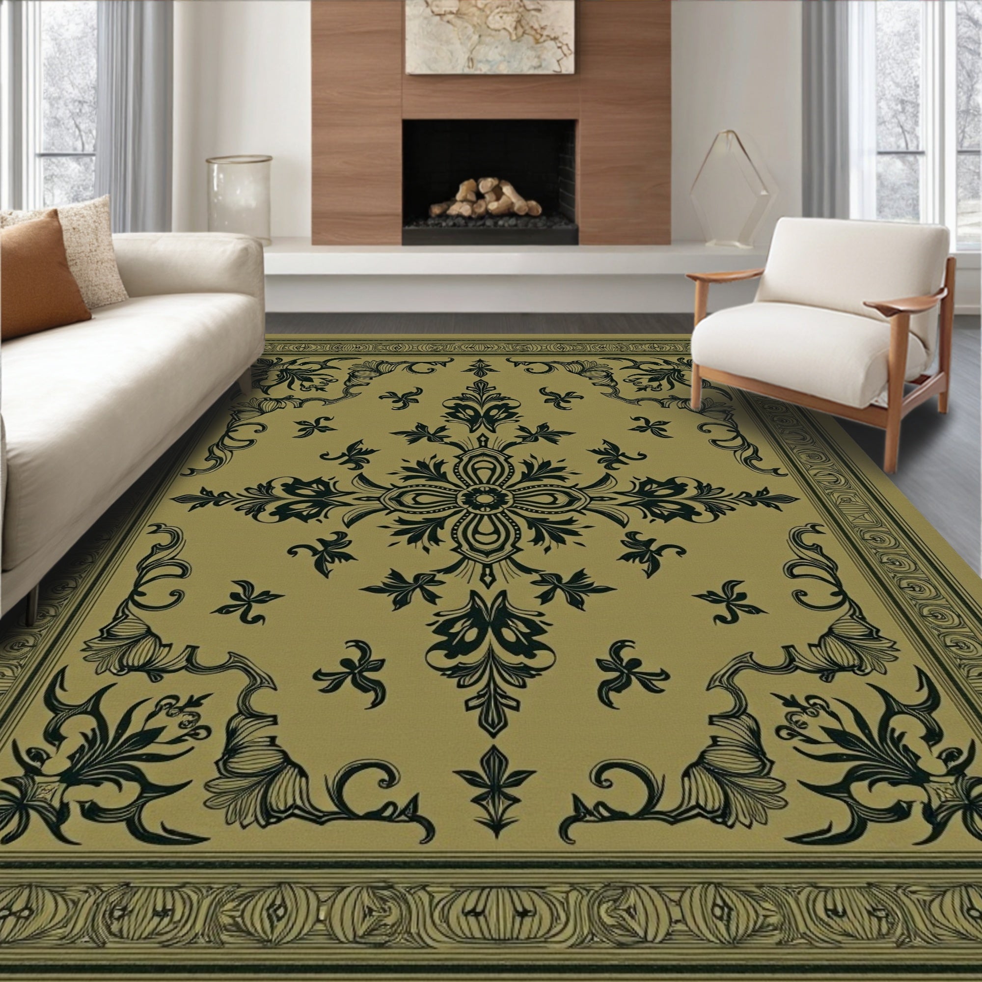 Antique Gold Floral Medallion Border Rug
