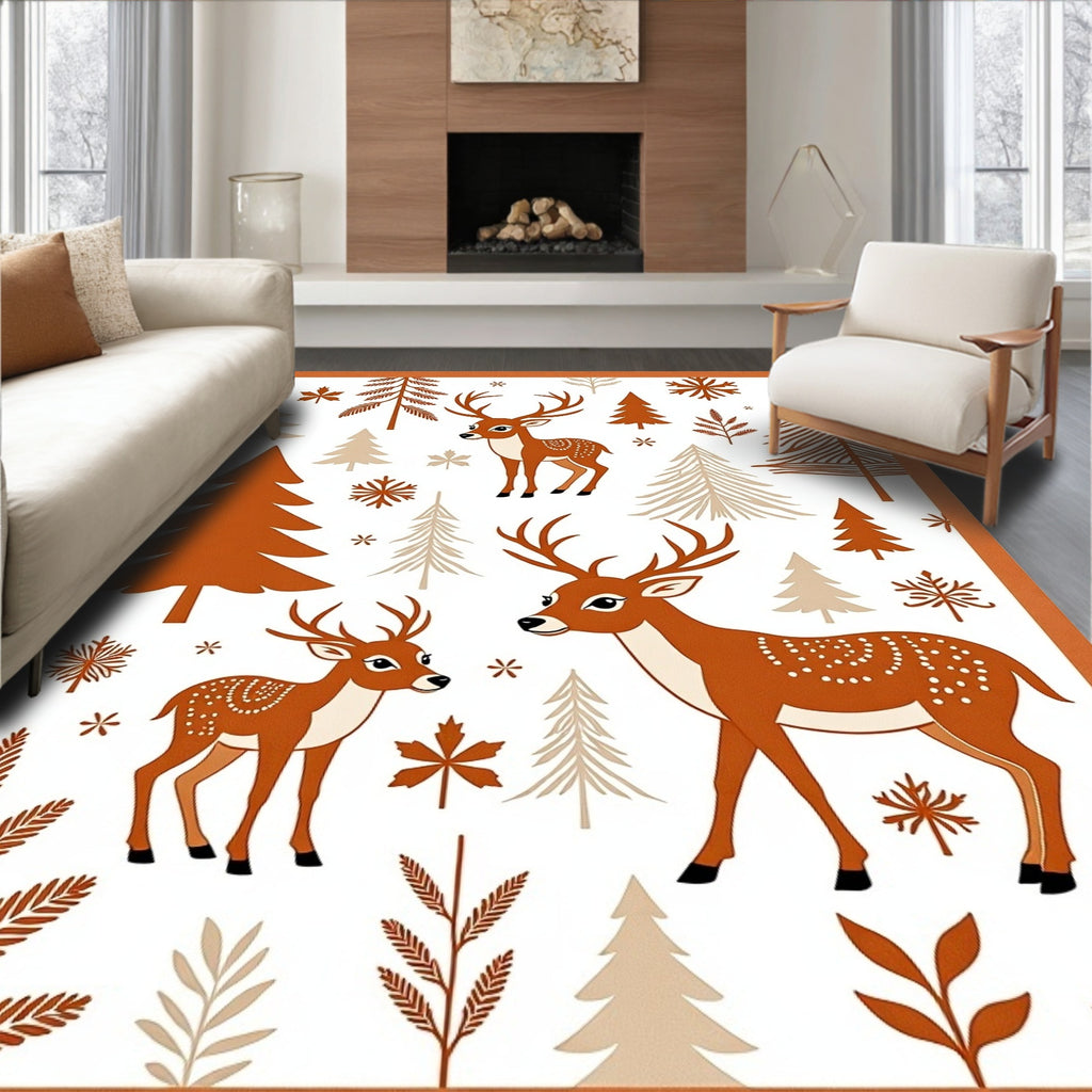 Woodland Deer With Trees And Snowflakes Rug