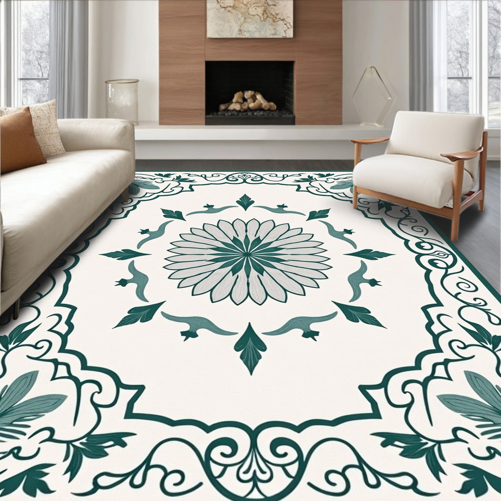 Teal Floral Garden Medallion Border Rug