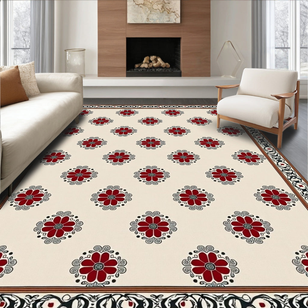 Cream Red Floral Medallion Border Rug