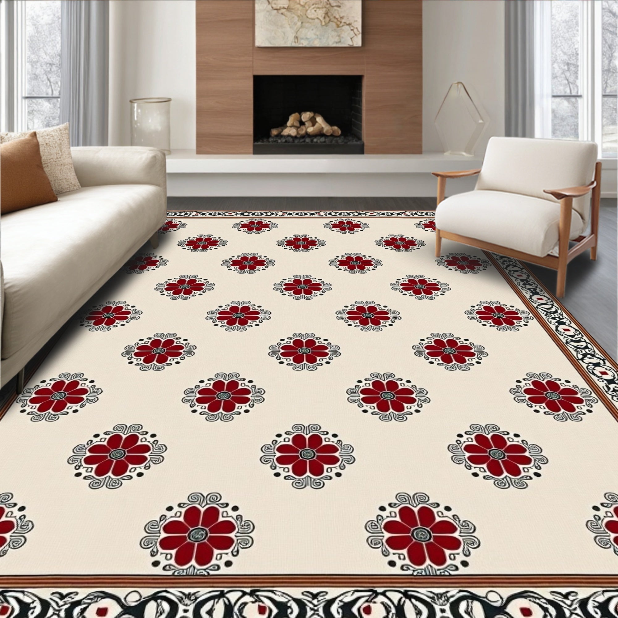 Cream Red Floral Medallion Border Rug