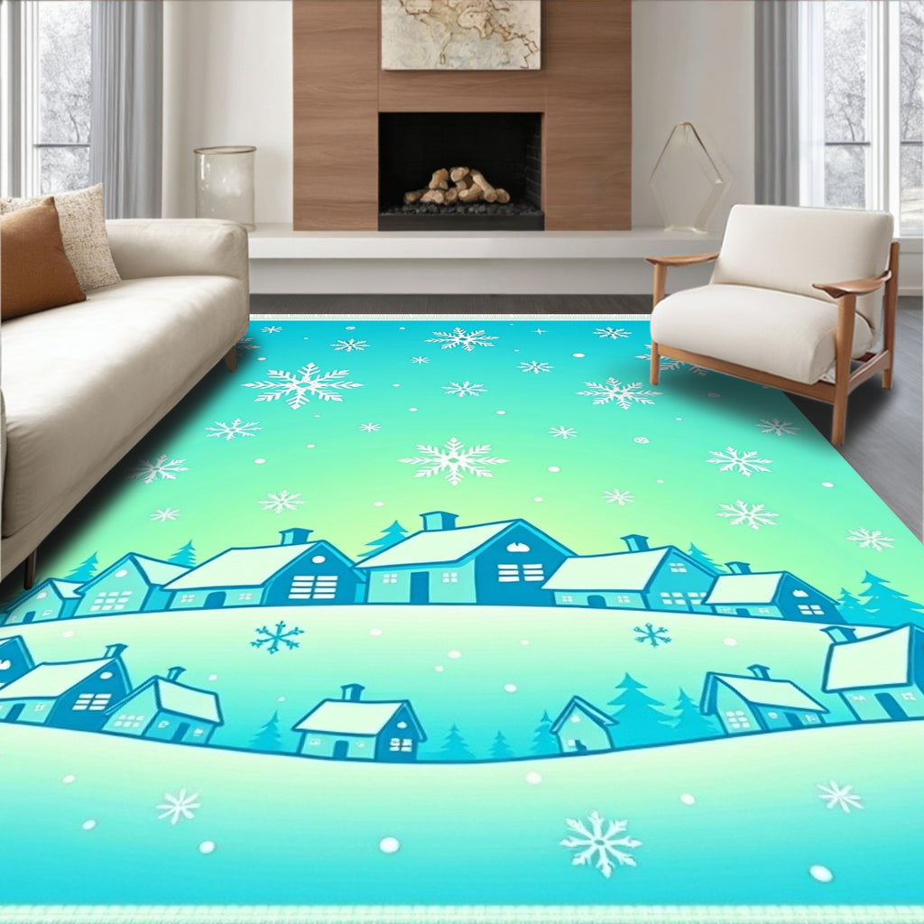 Snowflake Snow Covered Village Scene Rug