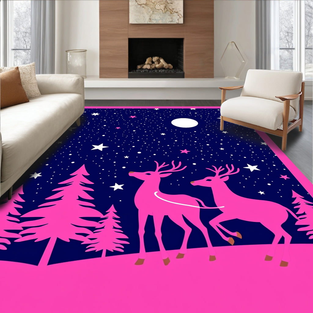 Vibrant Pink Deer Night Sky Stars Rug