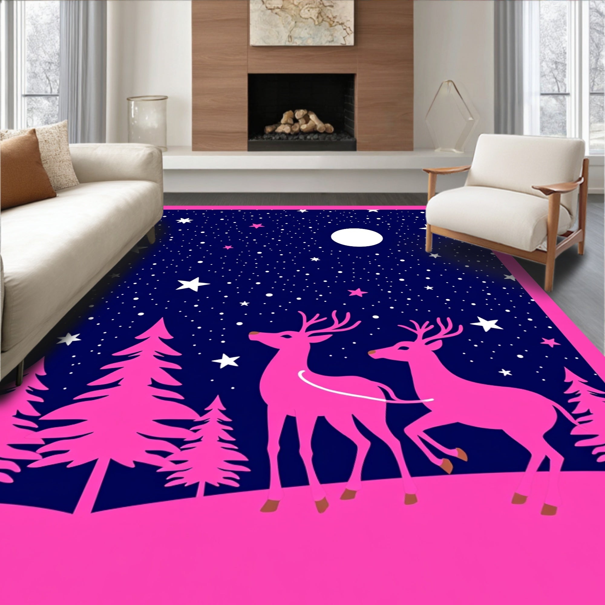 Vibrant Pink Deer Night Sky Stars Rug