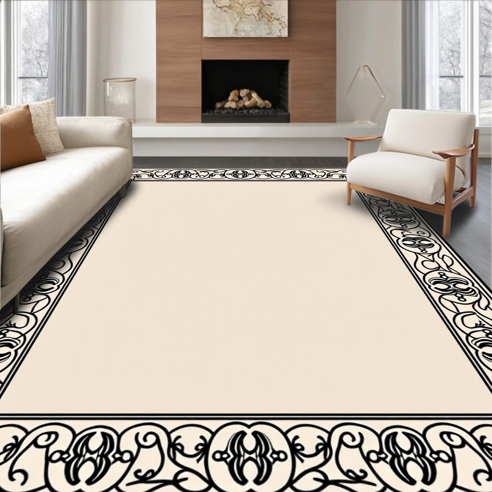 Black Ivory Ornate Scroll Border Rug