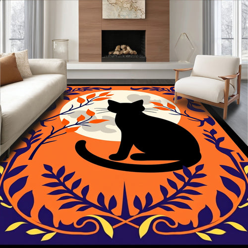Black Cat Moon Orange Botanical Rug