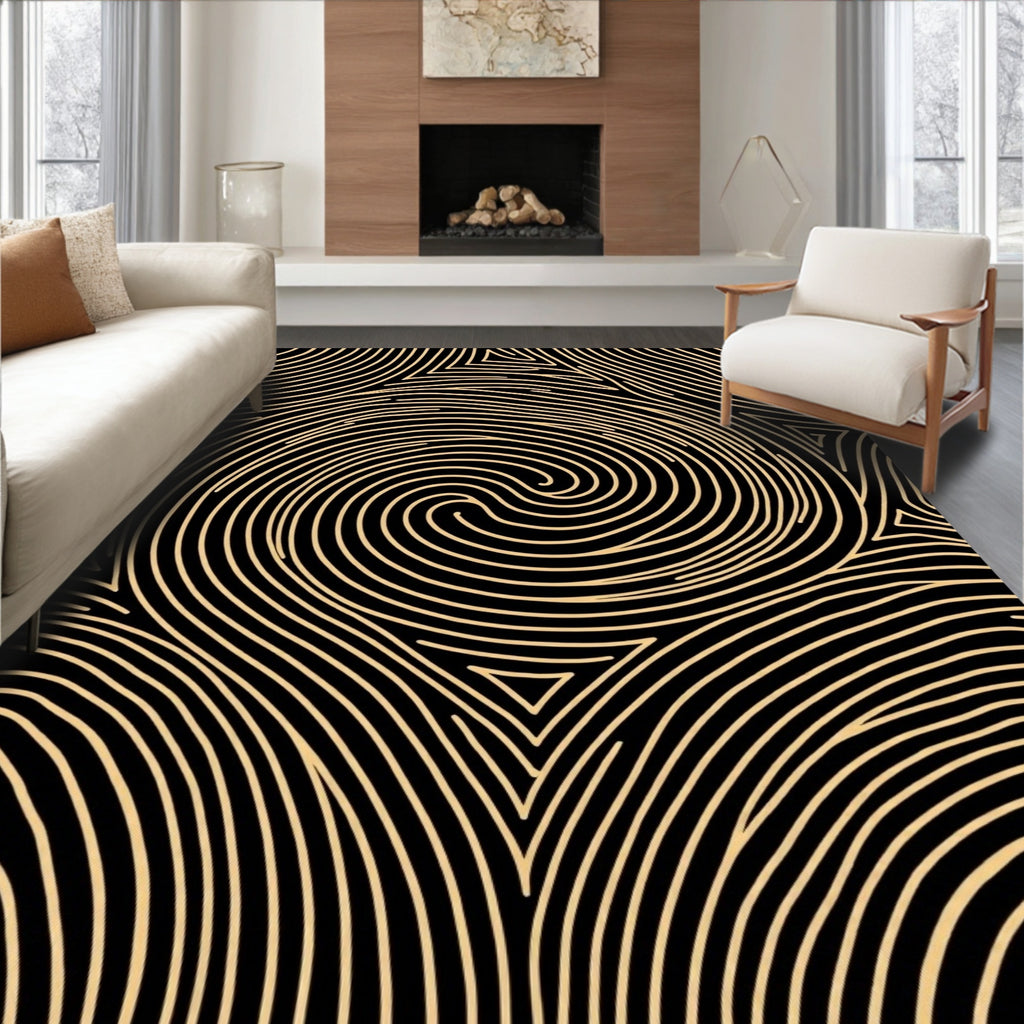 Golden Black Swirling Lines Rug