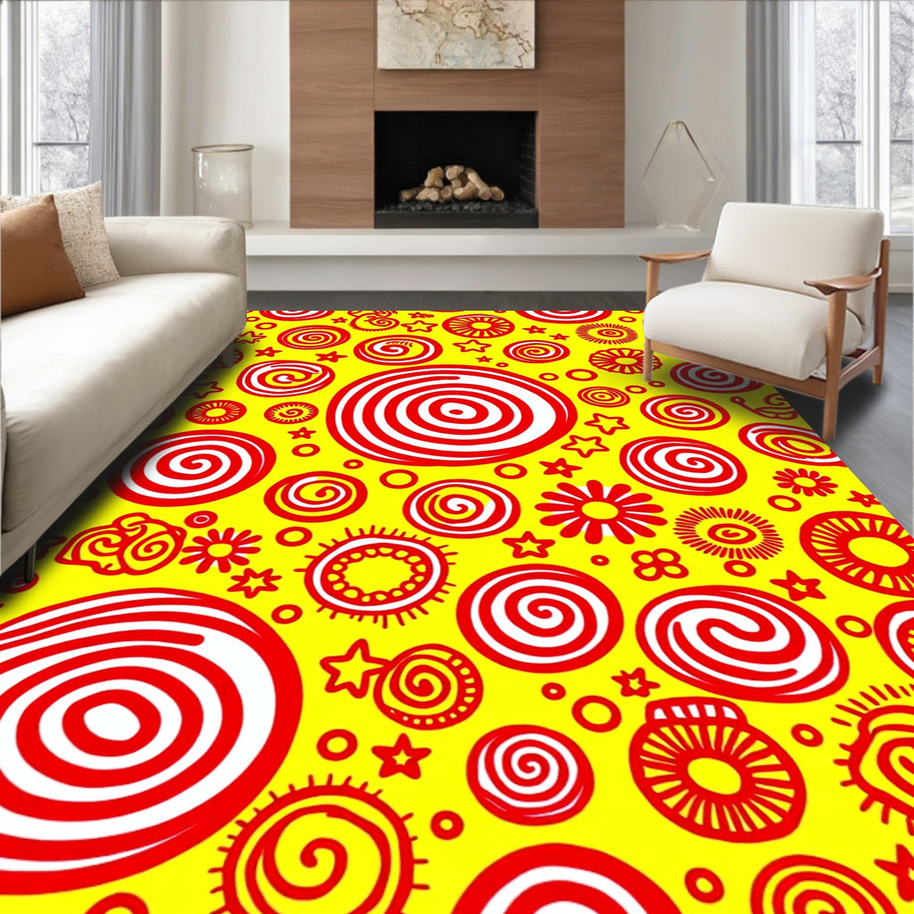 Bright Red Swirls Sunbursts Stars Yellow Rug