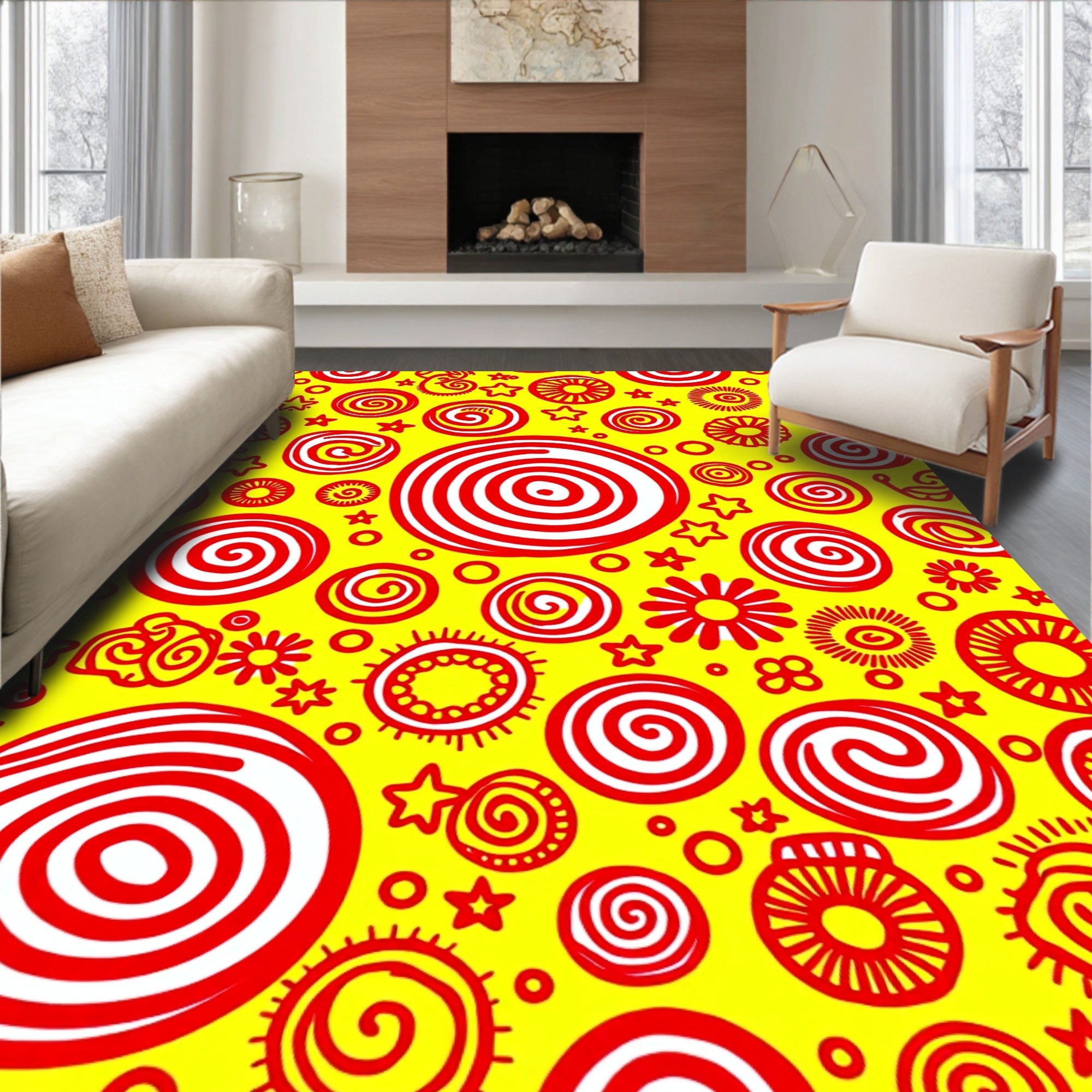 Bright Red Swirls Sunbursts Stars Yellow Rug