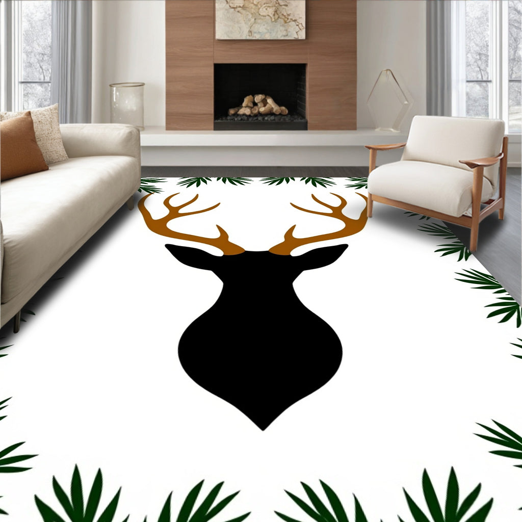 Black Deer Head Green Pine Border Rug