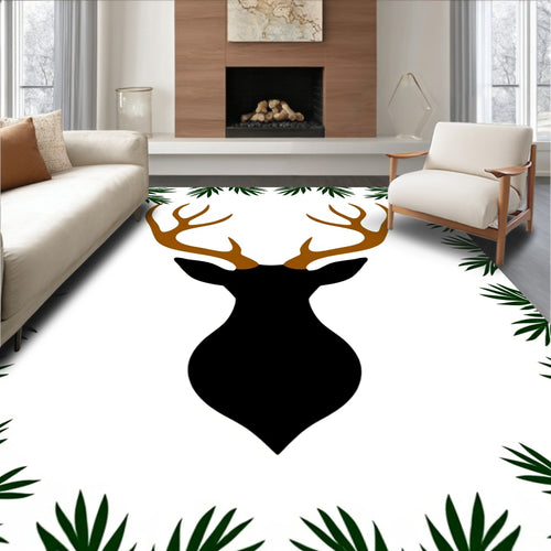 Black Deer Head Green Pine Border Rug