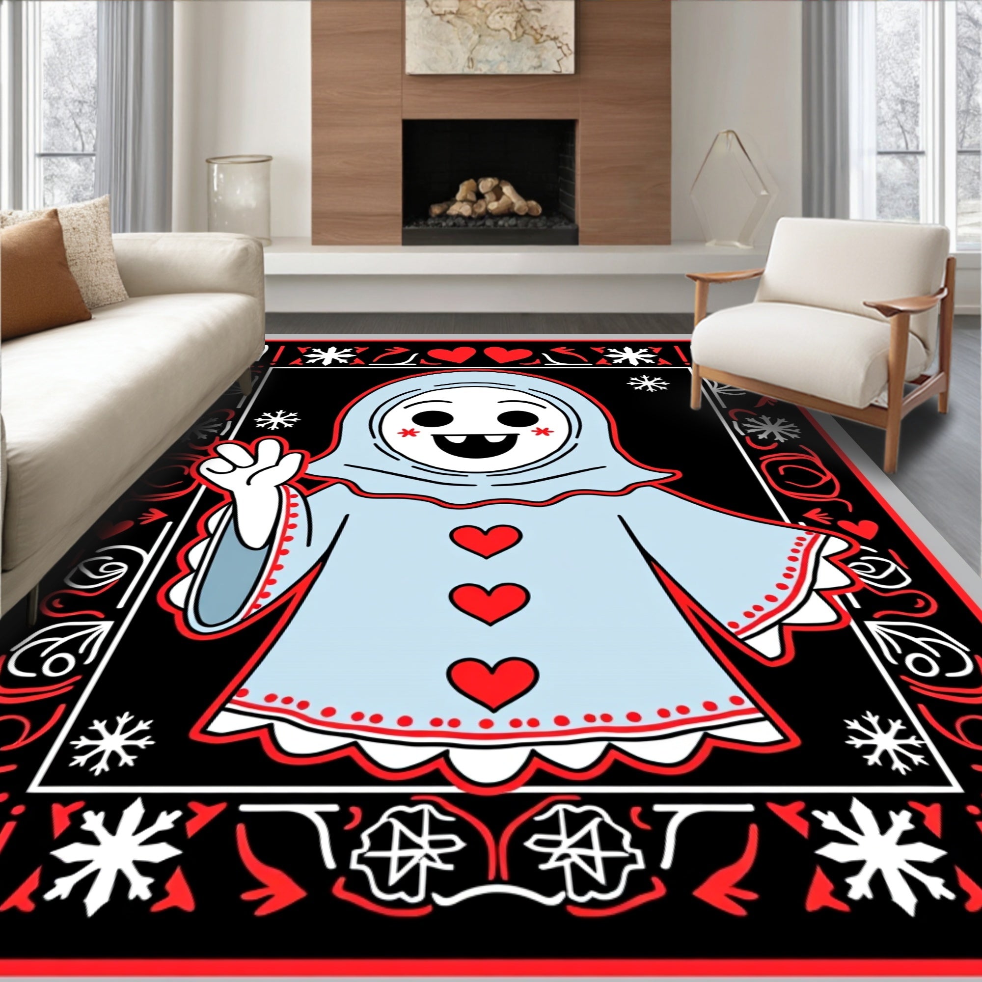Joyful Blue Character Red Hearts Snowflakes Rug