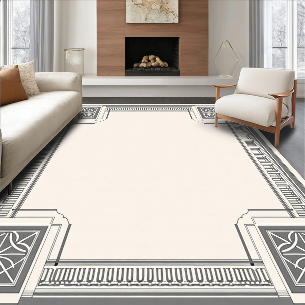 Gray Ivory Art Deco Floral Corner Rug