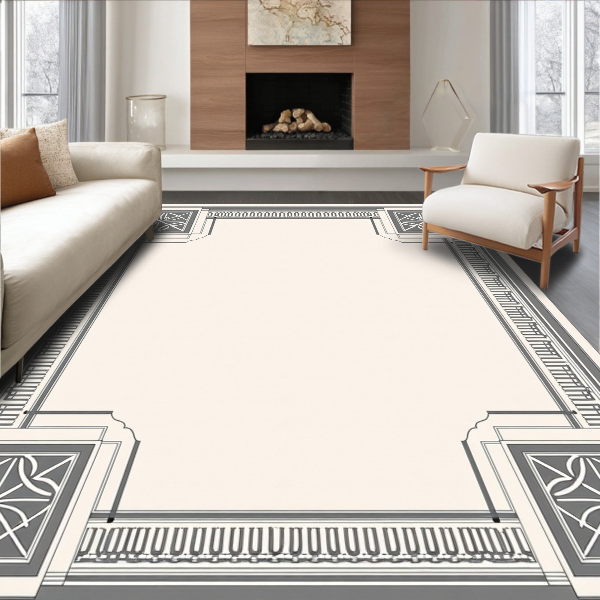Gray Ivory Art Deco Floral Corner Rug