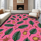 Tropical Green Ferns Gold Accents Pink Rug